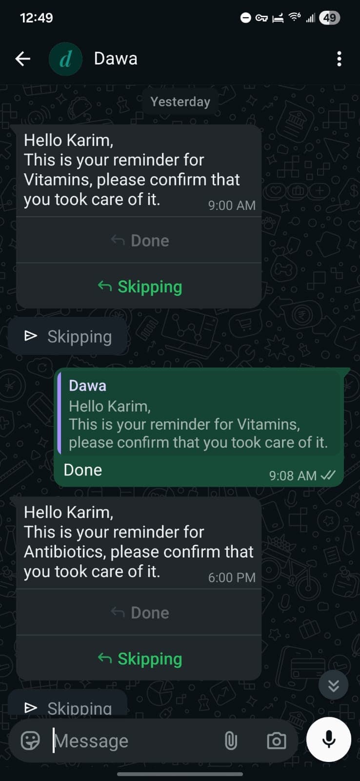 WhatsApp reminder thread showing a medication reminder and response options.